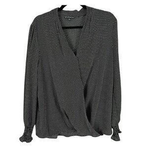 Adrianna Papell Black & White Polkadot Wrap Blouse with Cuffed Sleeves Size L